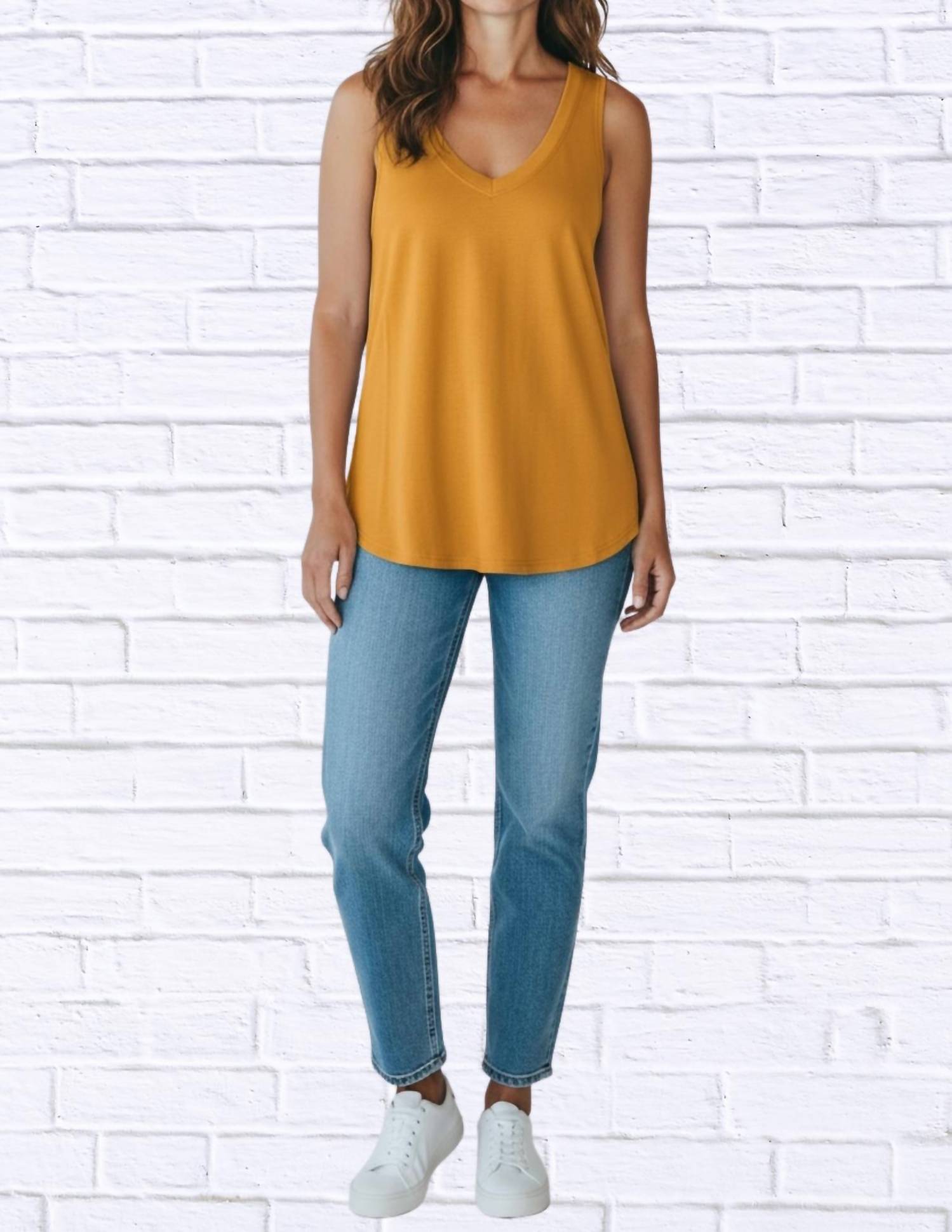 Diva USA Soft Knit V-neck Sleeveless Top in tangerine - women's tank top - detail view