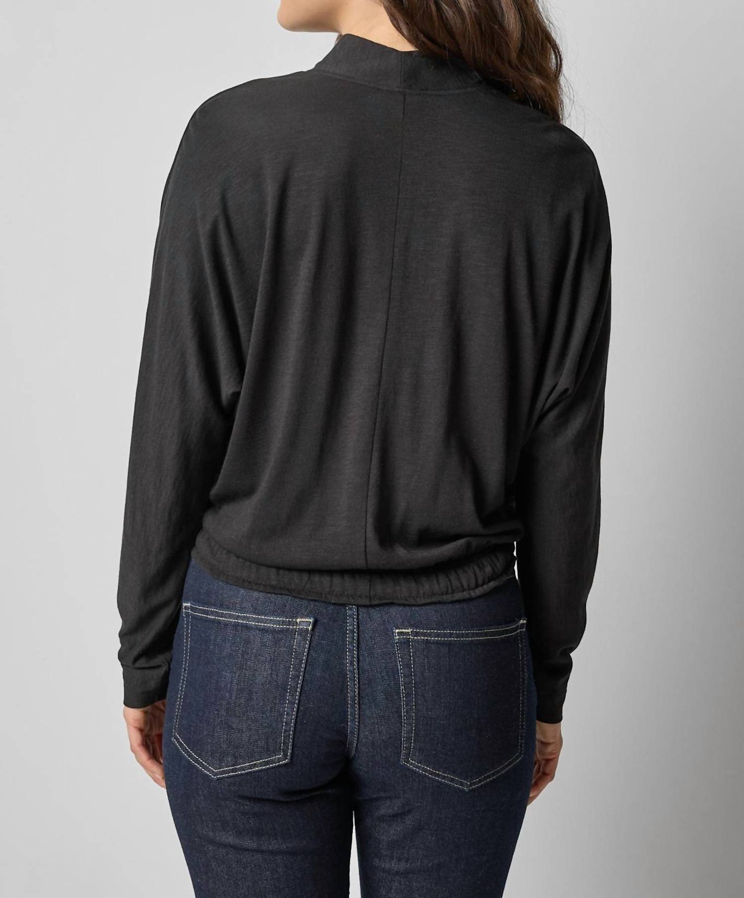 Lilla P Shawl Collar Wedge Top in black - women's long sleeve top - detail view