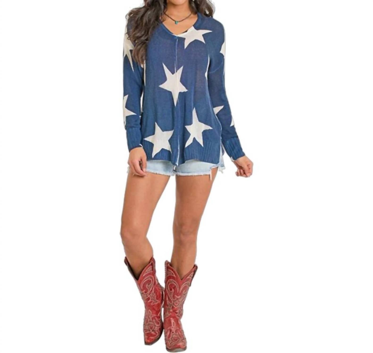 Rock & Roll Denim Star Print Sweater in blue - women's sweater - alternate view