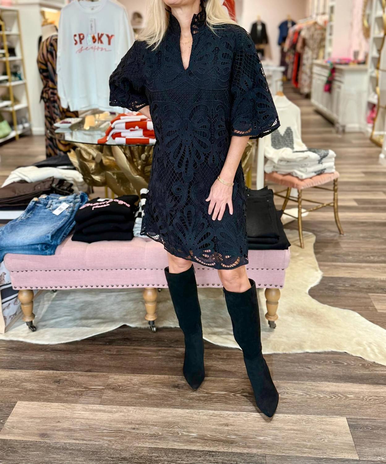 Jade - Lace High Neck Tunic Mini Dress