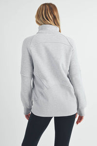 AEMI + CO Long Dove Funnel Neck Half Zip Sweater in heather gray - women's sweater - detail view