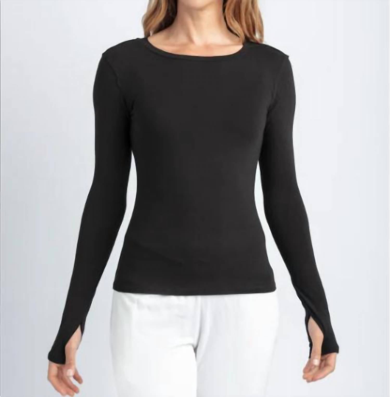 MILA Los Angeles Reverse Seam Long Sleeve Thumbhole Tee in black - women's long sleeve top