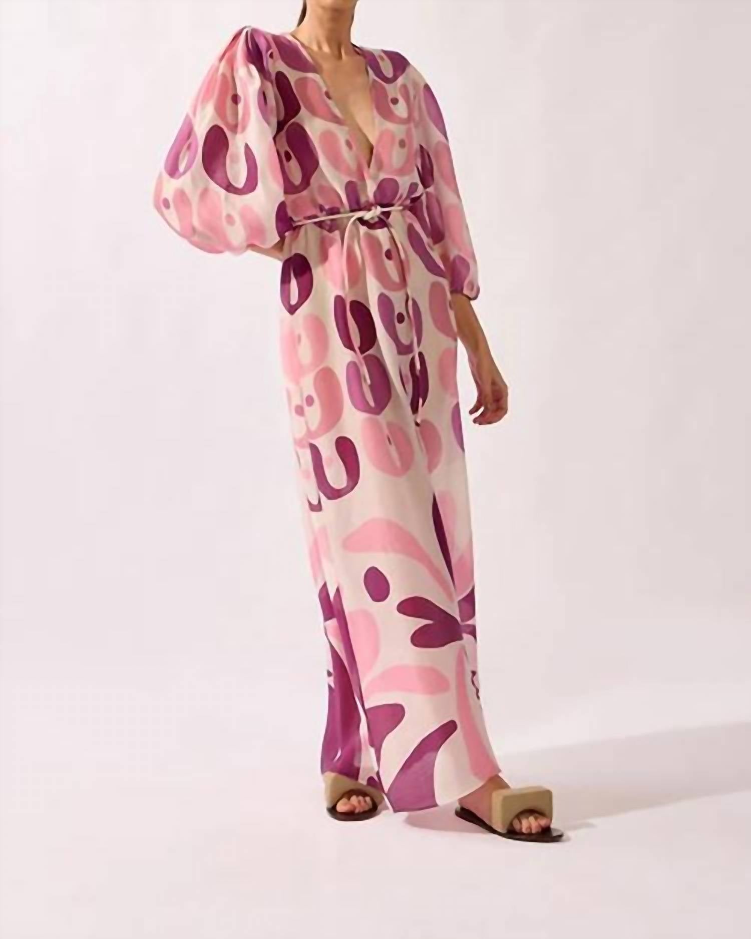 Adriana Degreas - Bold Floral Deep V Neck Puff Sleeve Maxi Dress