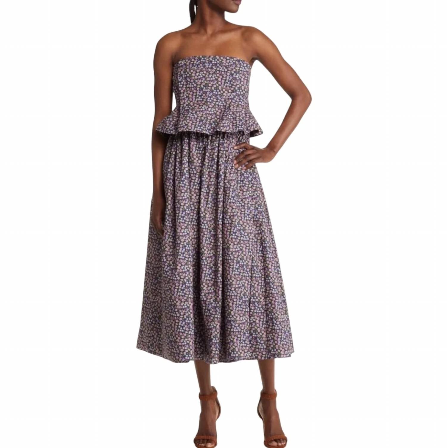 Nackiye - Ditsy Pintuck Peplum Strapless Midi Dress