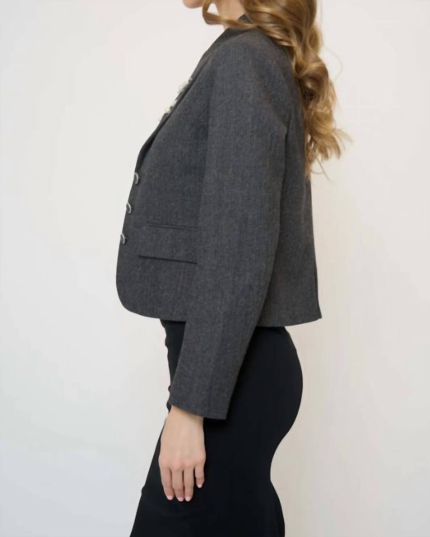 Central Park West Crystal Pins & Chains Cropped Blazer in grey - women's jacket - detail view