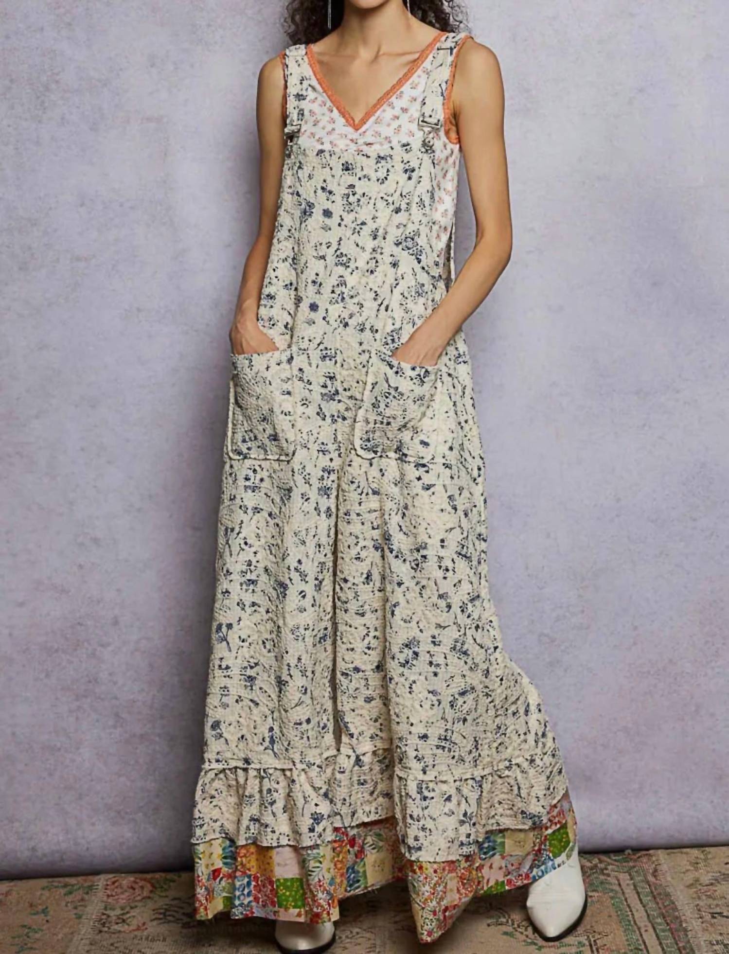 Pol - Sleeveless Embroidered Denim Contrast Ruffle Overalls