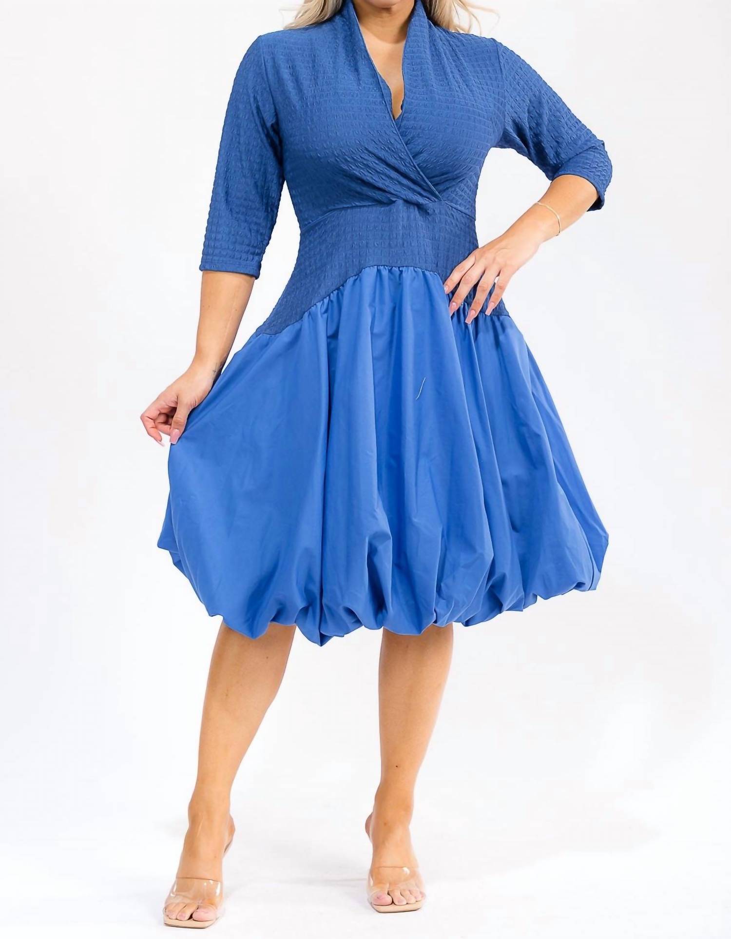 Karen T Design - Solid V-neck Balloon Midi Dress