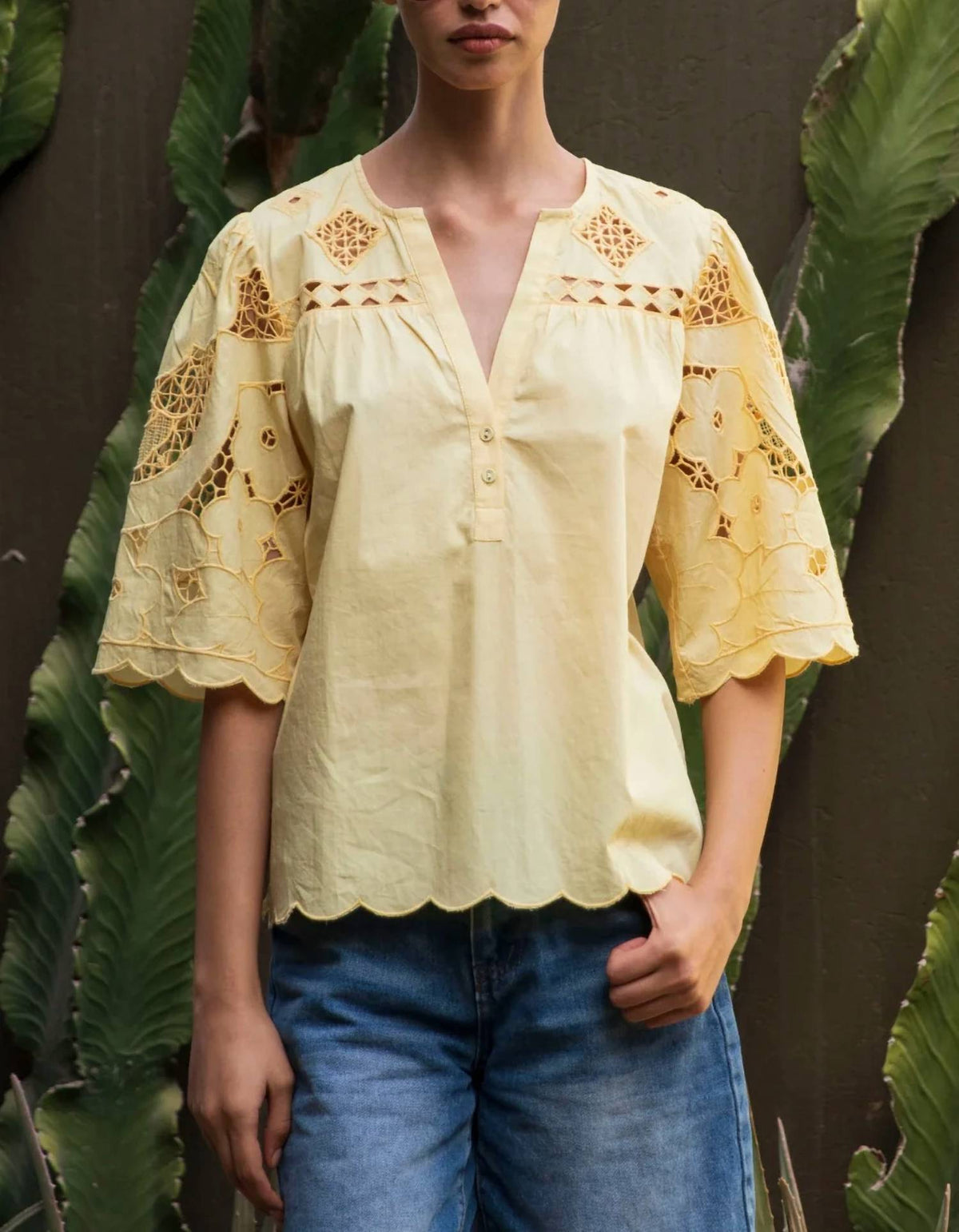 Rose And Rose - Delphinium Cuckooo Flower Embroidered Top