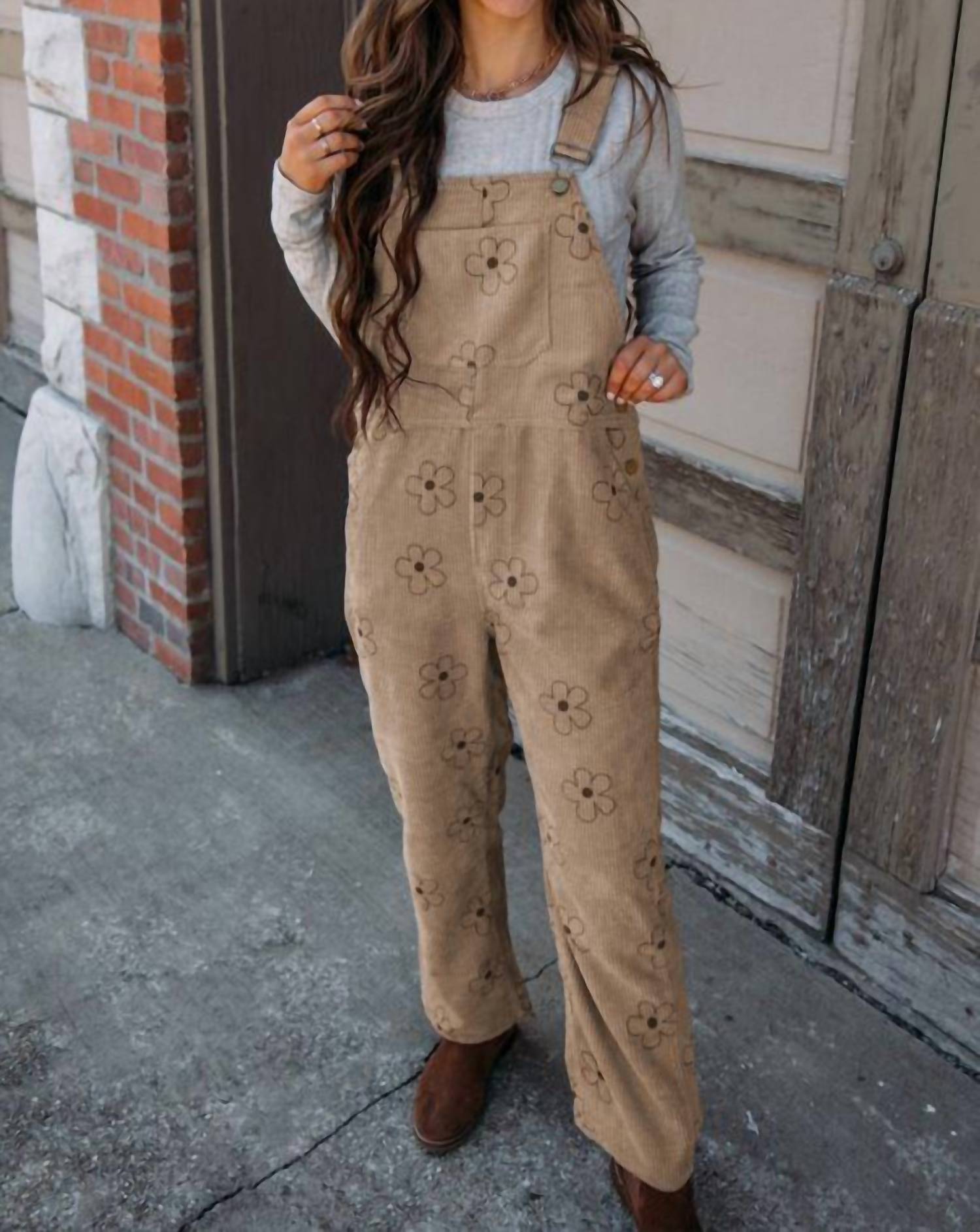 Umorger Flower Print Orduroy Overalls in khaki - women's jeans