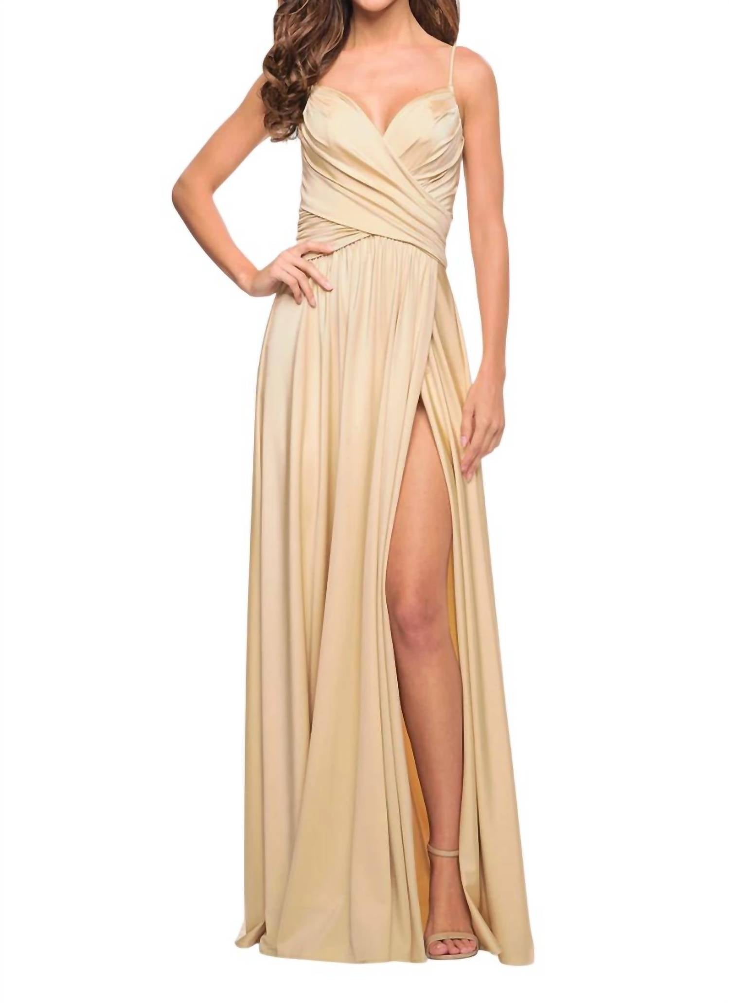 La Femme Long A-line Gown in light gold - women's dress