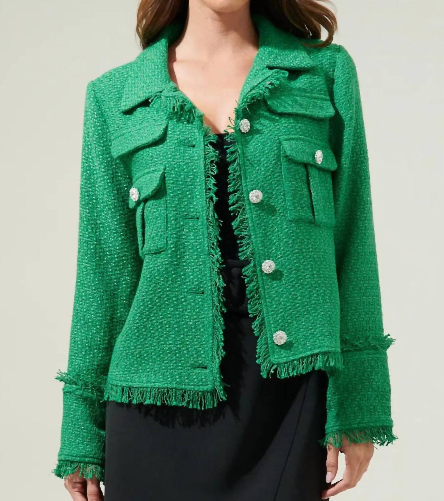 SUGARLIPS Tweed Button Down Blazer in meadow green - women's jacket - alternate view