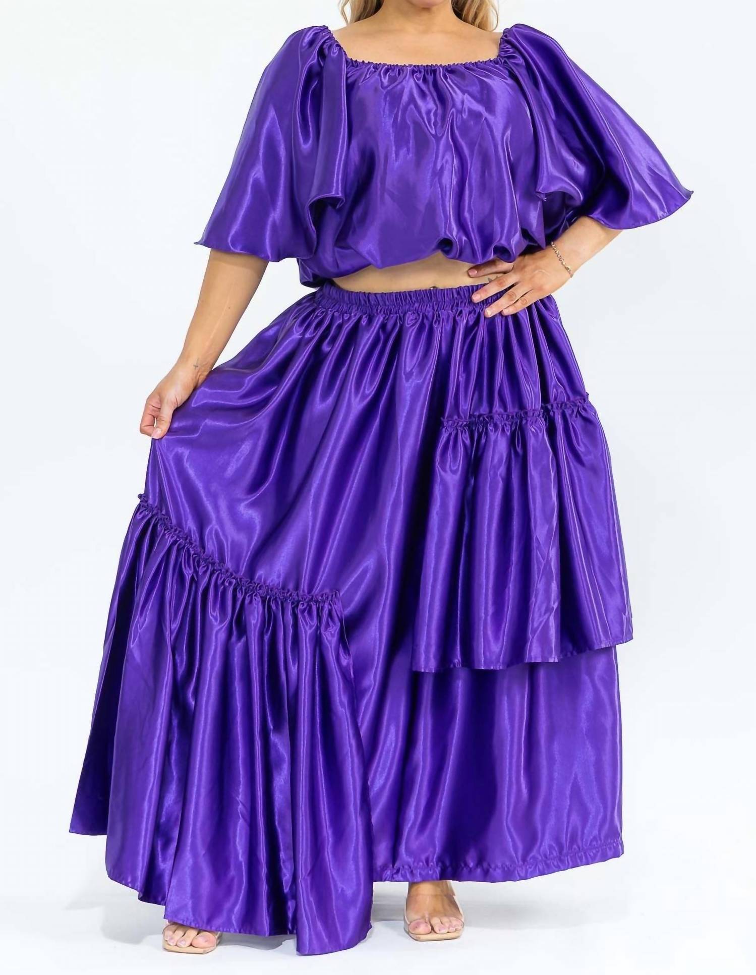 Karen T Design - Off Shoulders Crop Top And Asymmetric Ruffled Skirt Set