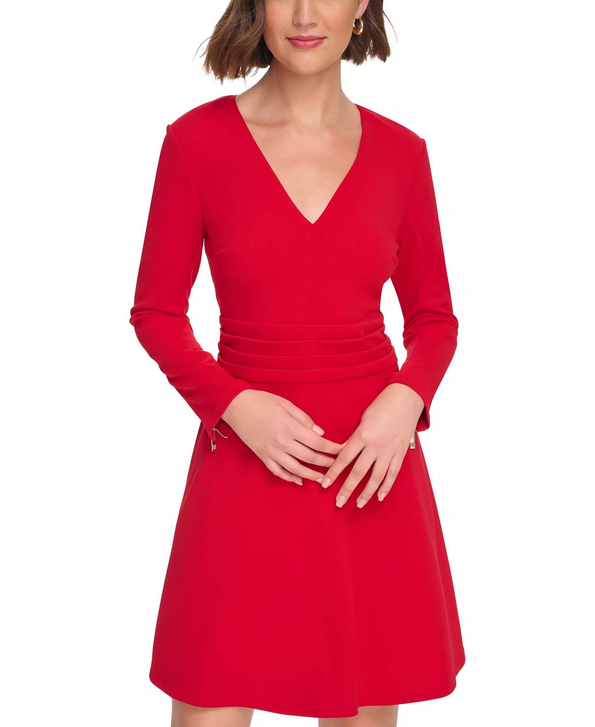 Tommy Hilfiger - Pleated V-neck Zipped-sleeves Dress