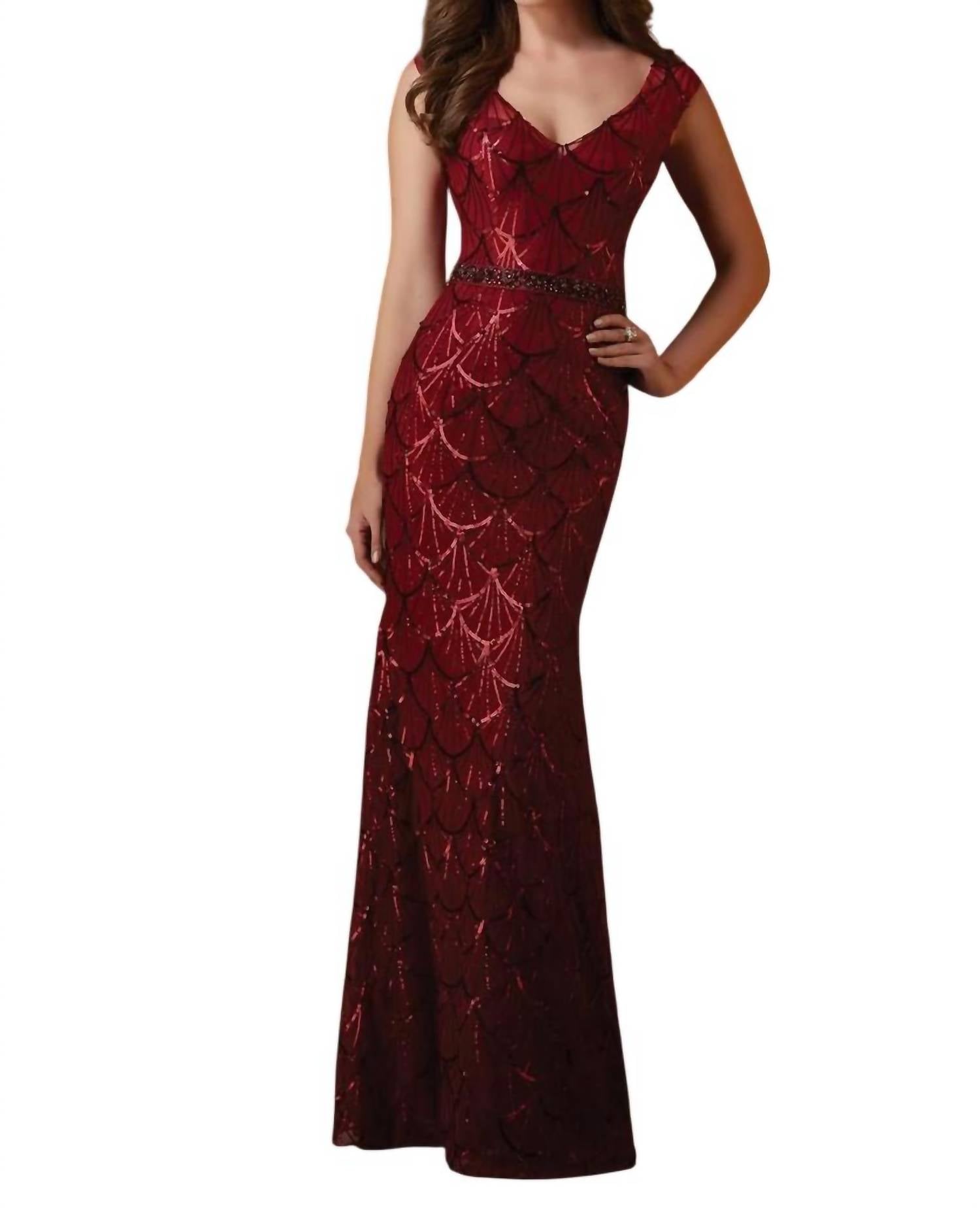 Mgny - Sequined Mesh Dress Vneck Beaded Belt