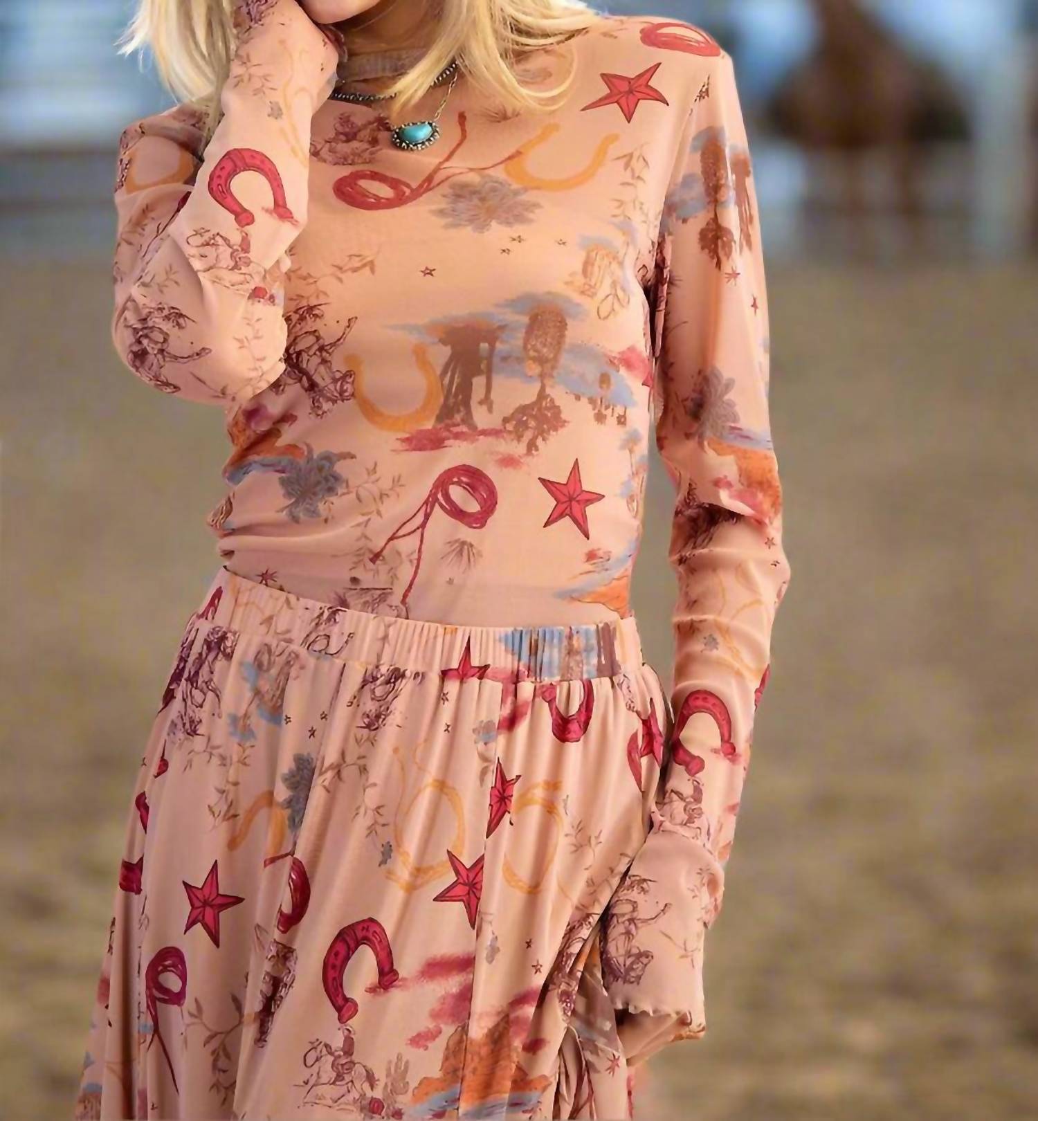 Easel Western Printed Mesh Fitted Top in camel - women's long sleeve top - detail view
