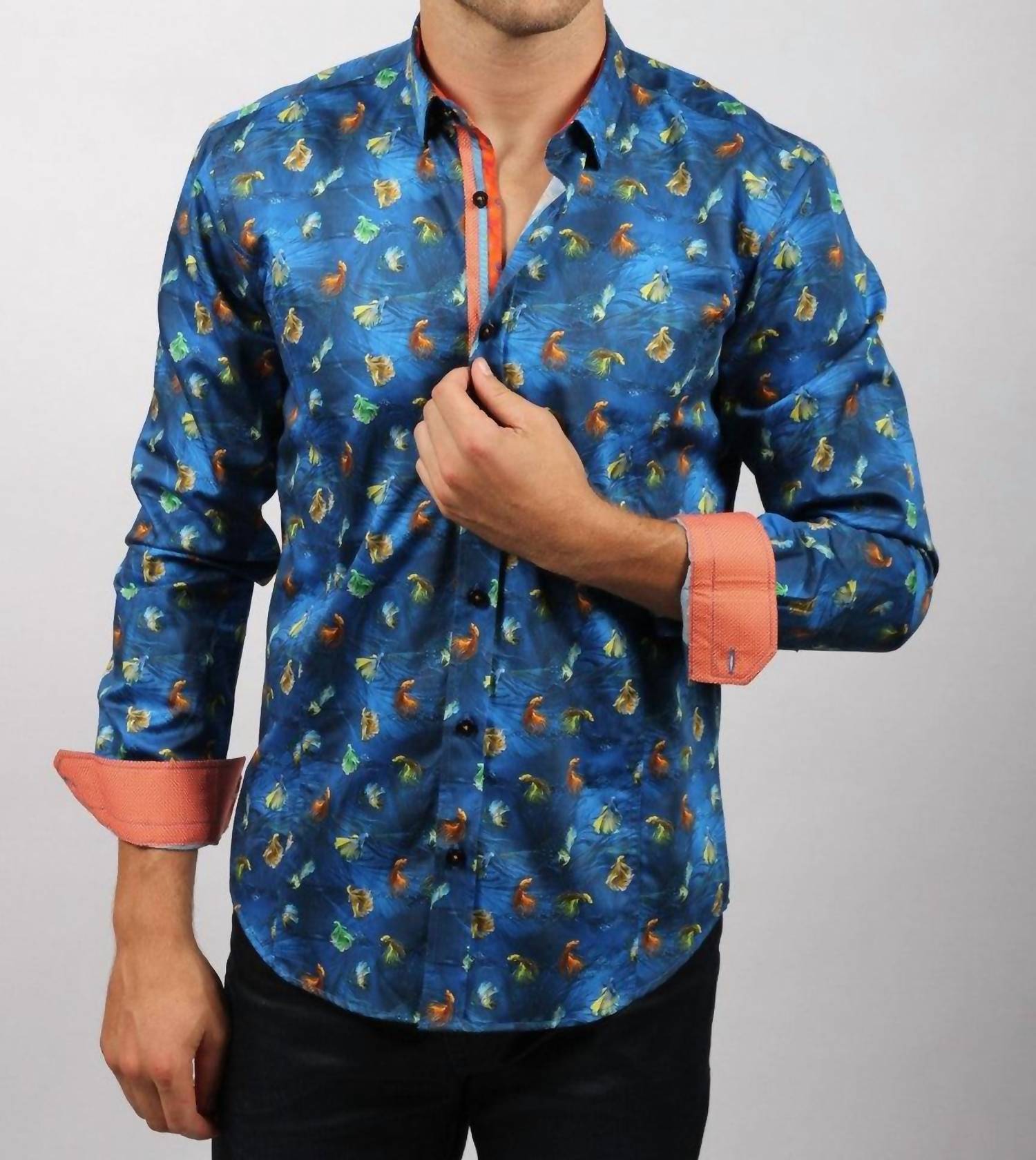 Eight X - Fish Print Button Down Shirt With Trim
