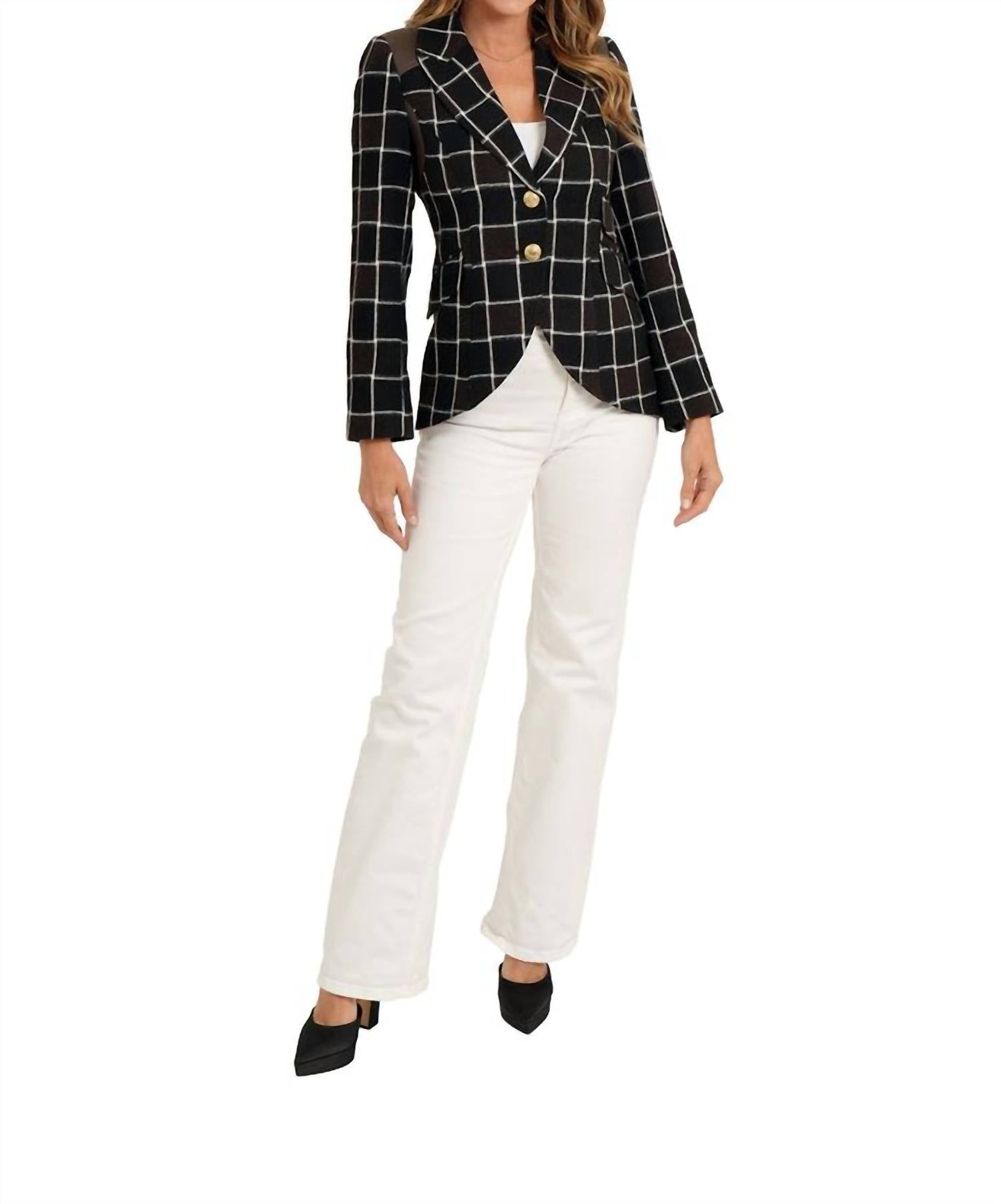 LOVE TOKEN Window Pane Vegan Leather Trim Blazer in multi - women's jacket