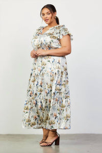 Skies Are Blue - Floral Print Ruffled Short Sleeve Long Dress - Plus