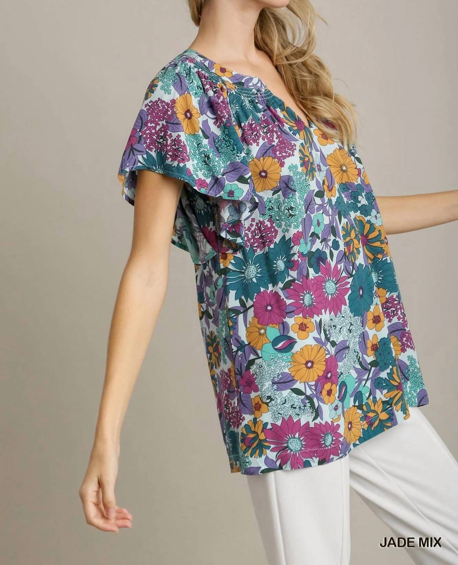 Umgee - Floral Split Neck Top
