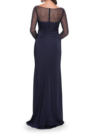 La Femme Bateau Neck Drape Satin Dress in navy - women's dress - detail view