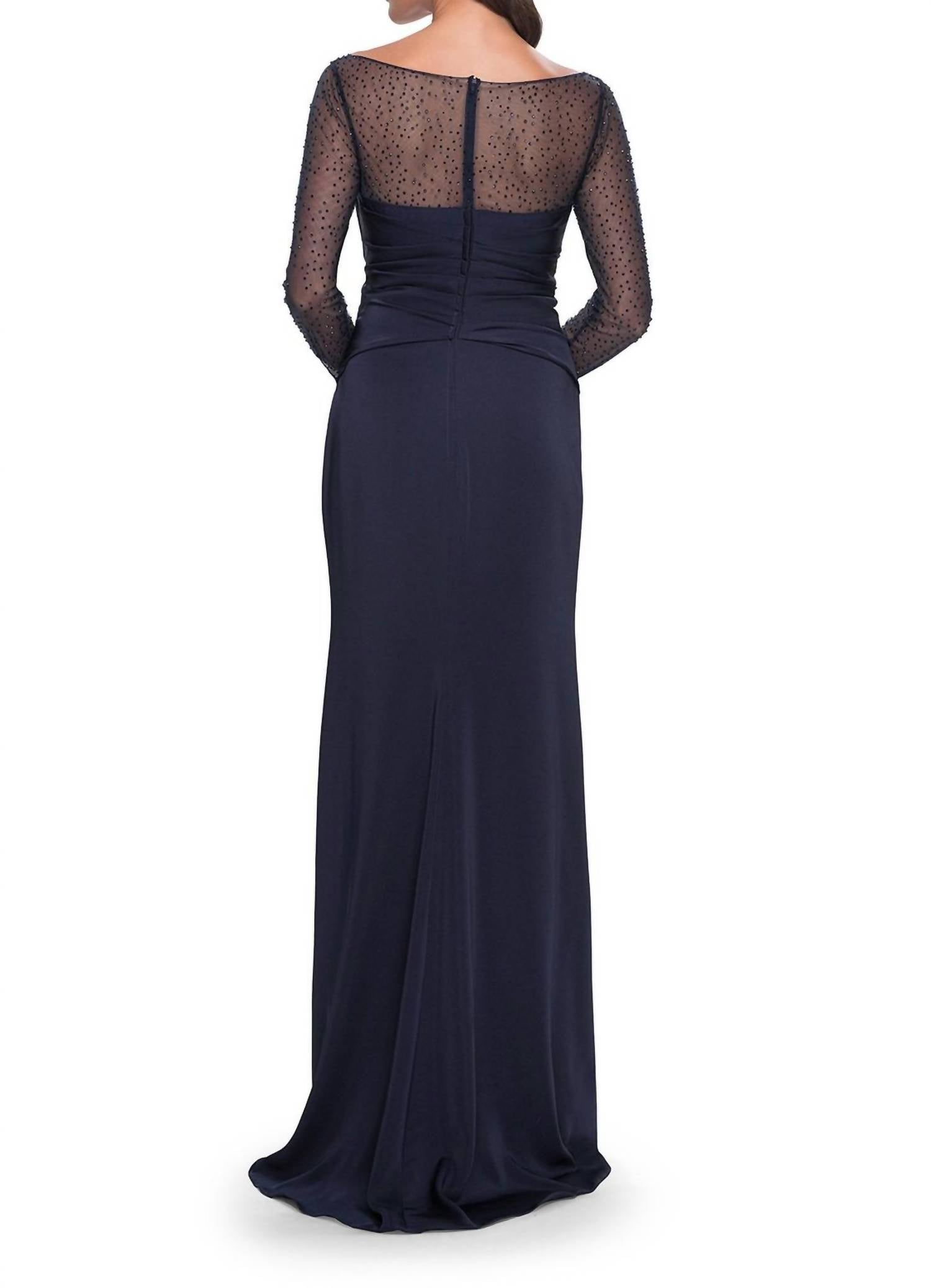 La Femme Bateau Neck Drape Satin Dress in navy - women's dress - detail view
