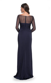 La Femme Bateau Neck Drape Satin Dress in navy - women's dress - alternate view