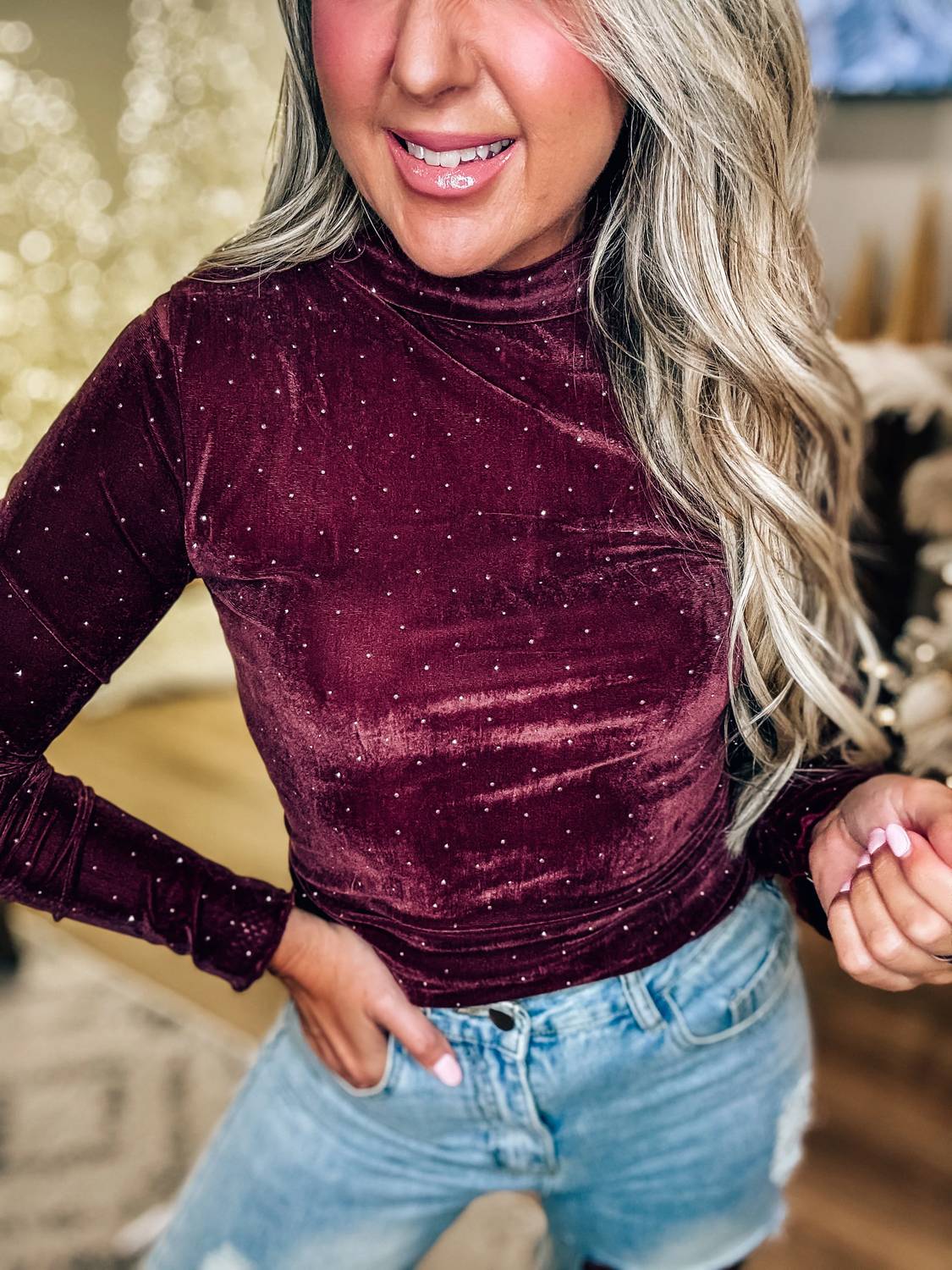 Very J - Stone Velvet Sparkle Fitted Top