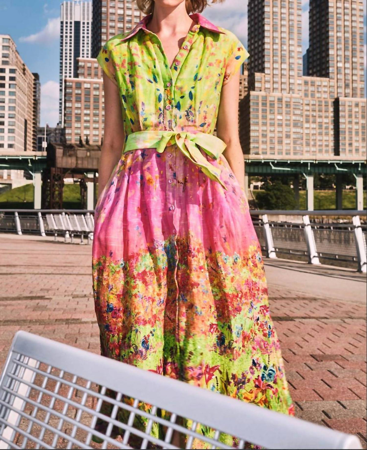 La Fuori Flora Linen Shirtdress in garden printed - women's dress - detail view