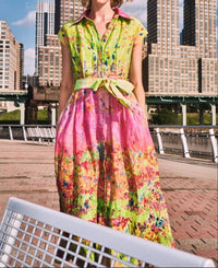 La Fuori Flora Linen Shirtdress in garden printed - women's dress - detail view