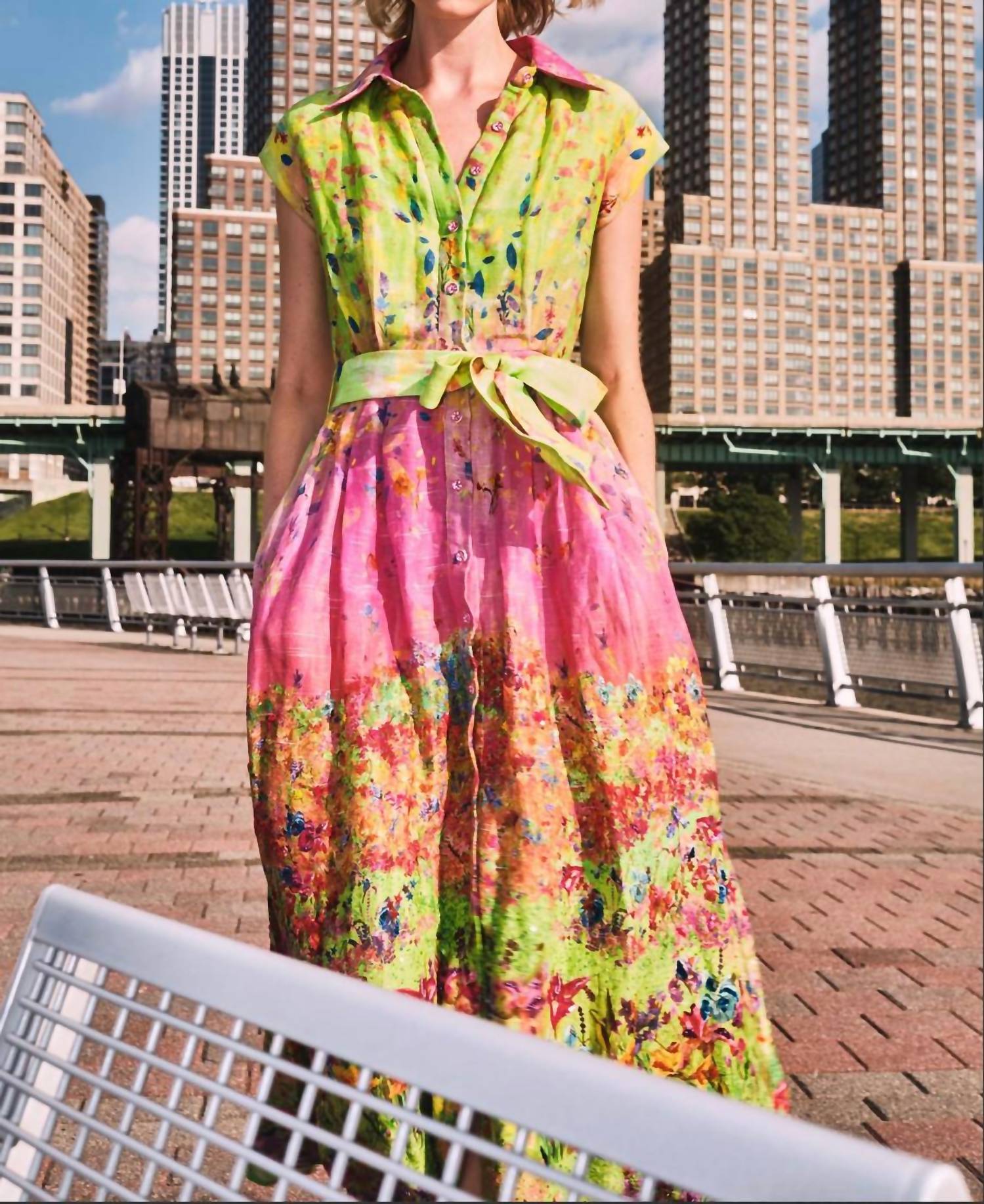 La Fuori Flora Linen Shirtdress in garden printed - women's dress - detail view