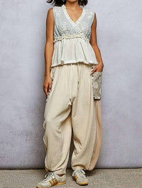 Pol - V-neck Ruffle Embroidery Sleeveless Woven Top