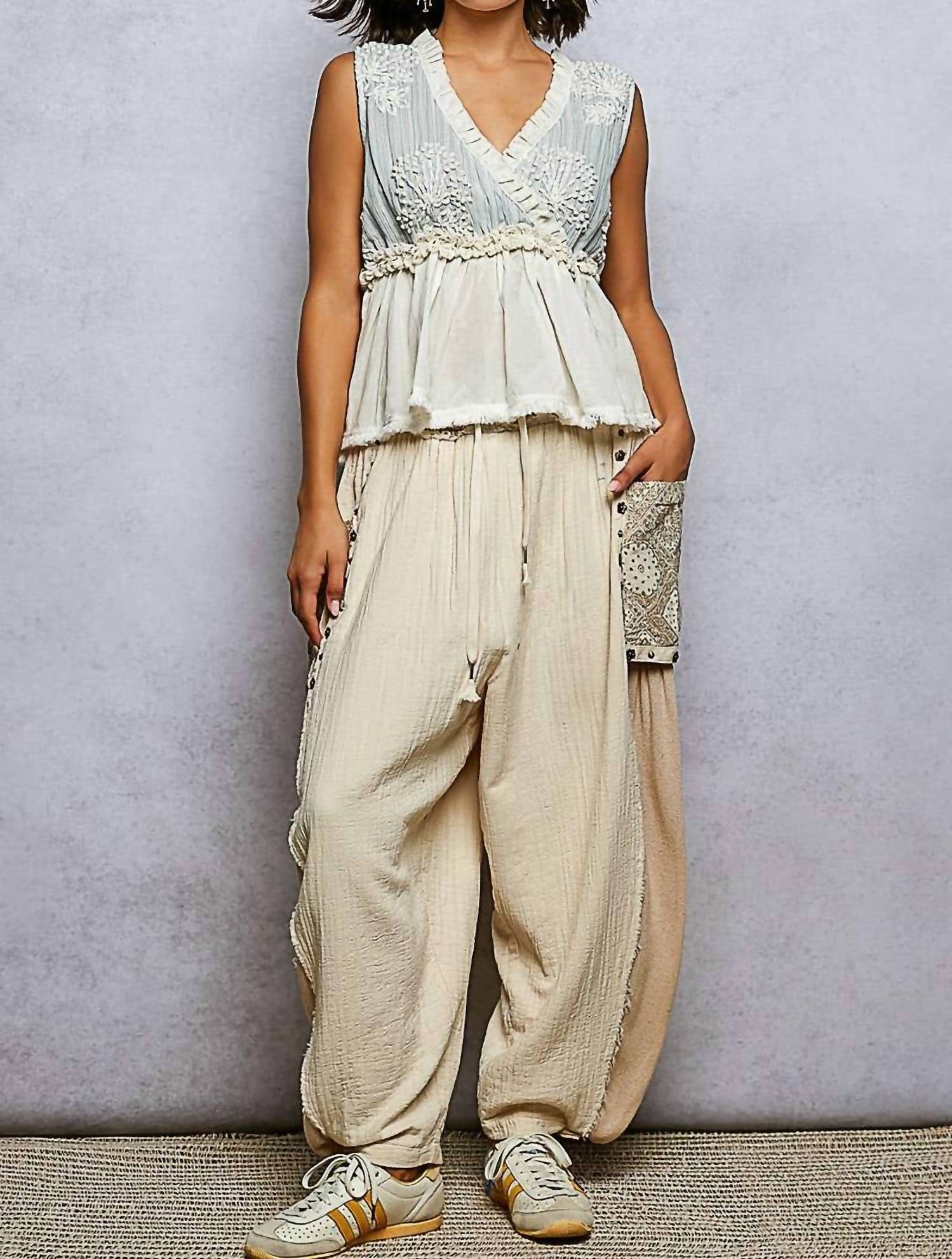 Pol - V-neck Ruffle Embroidery Sleeveless Woven Top
