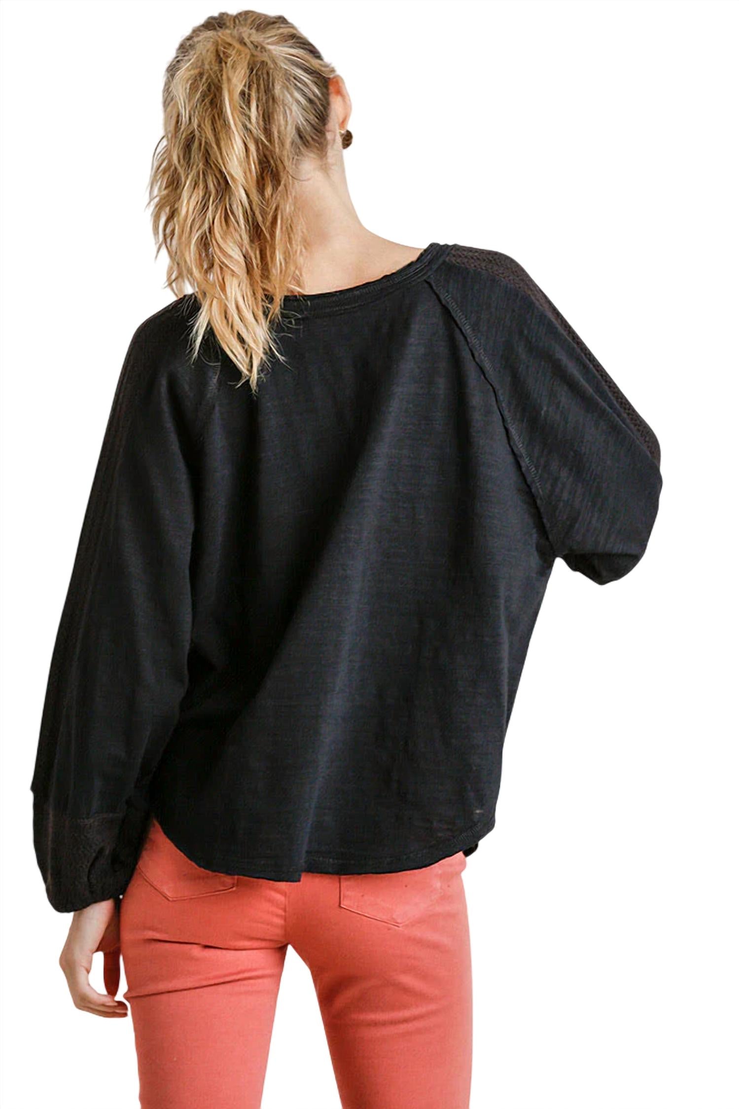 Umgee - Contrast Knit Puff Sleeve Top