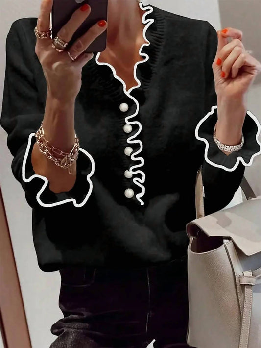 Hiddenbrand - Shelby Ruffle Knit Contrast Trim V-neck Sweater