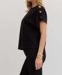 Entro - Crew Neck Gold Button Pullover Blouse