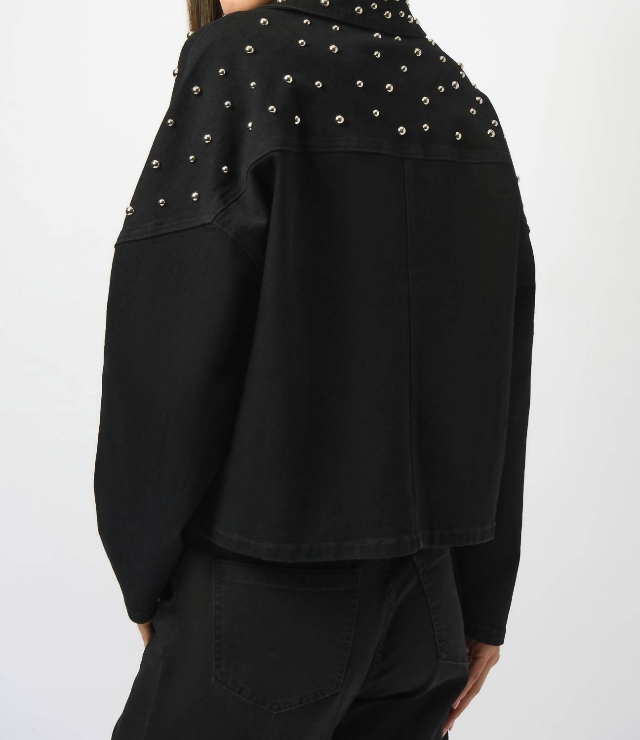 Joseph Ribkoff Stretch Denim Jacket With Stud Detailing in black - women's jacket - detail view