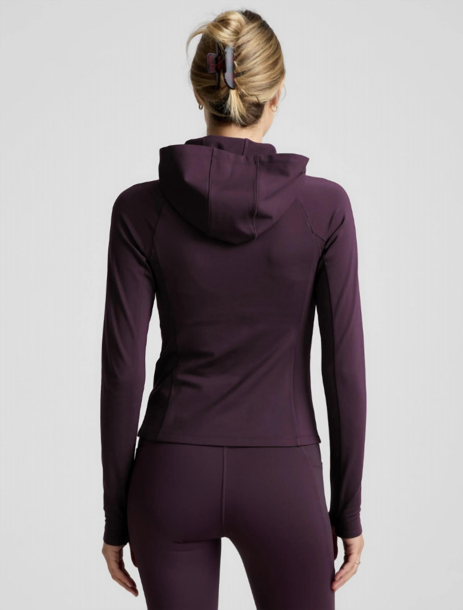 BEYOND YOGA pacer fleece full-zip jacket in eggplant - women's jacket - detail view