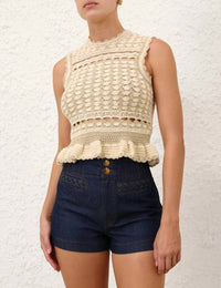 Zimmermann Wanderlust Crochet Sleeveless Tank Top in metallic gold cream - women's tank top