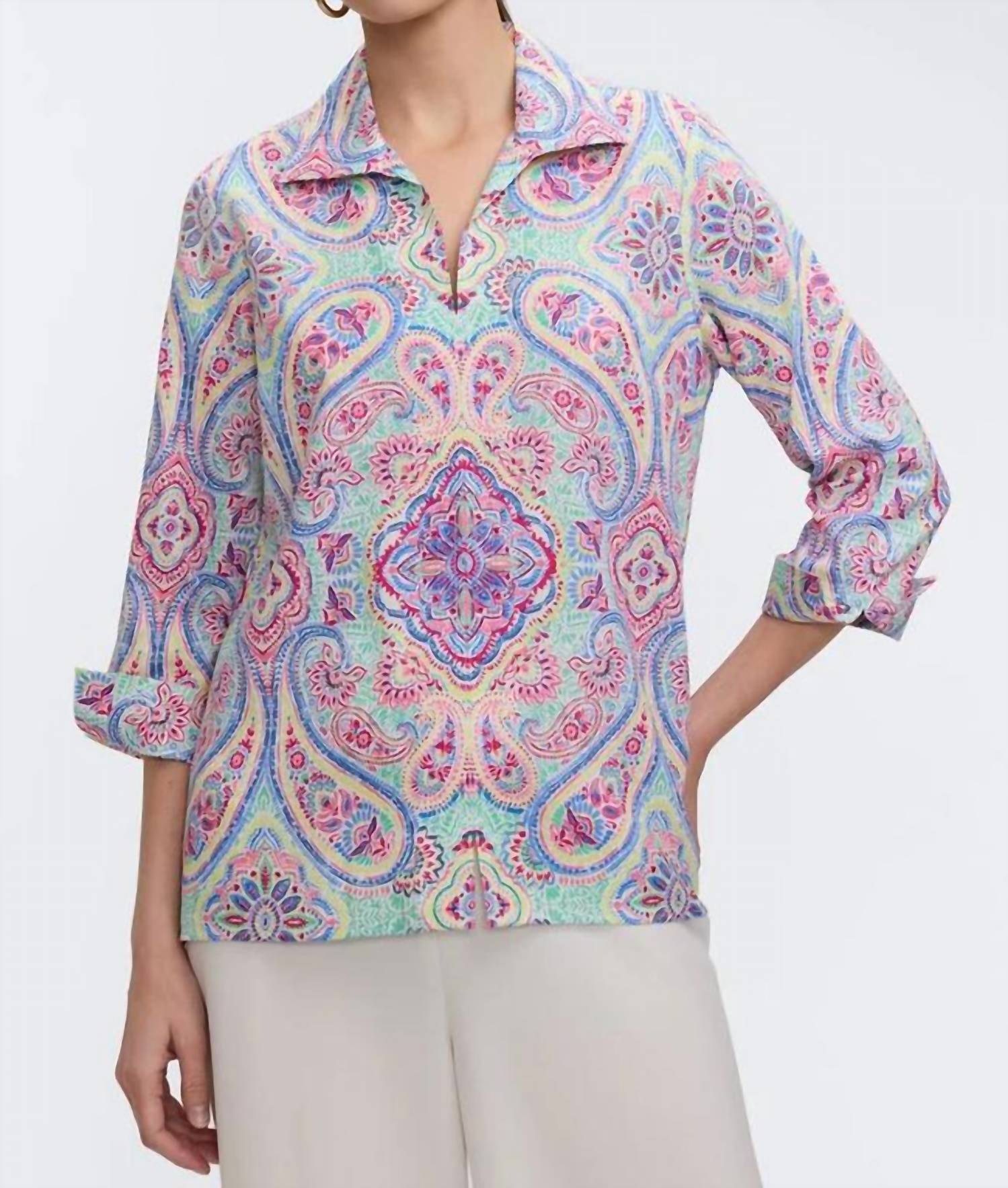 Foxcroft Agnes Linen 3/4 Sleeve Shirt in paisley - women's blouse