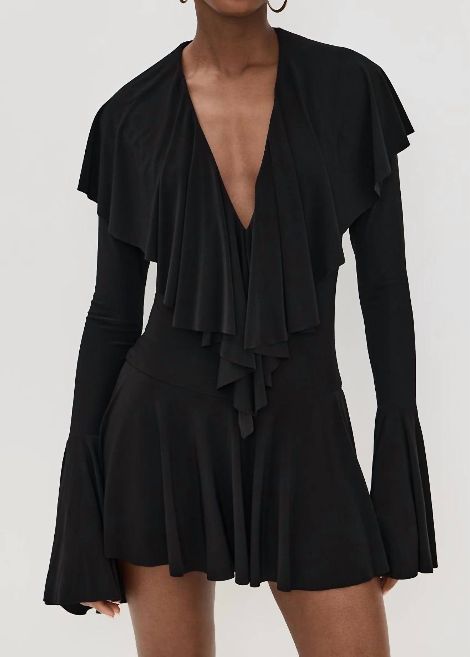Norma Kamali - Long Sleeve Deep V Ruffle Mini Dress
