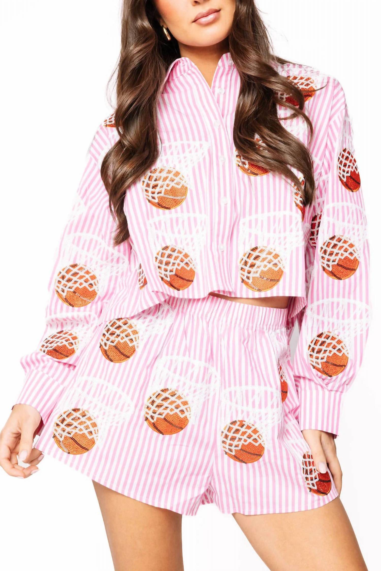 Queen Of Sparkles - Stripe Basketball Hoop Button Up Top