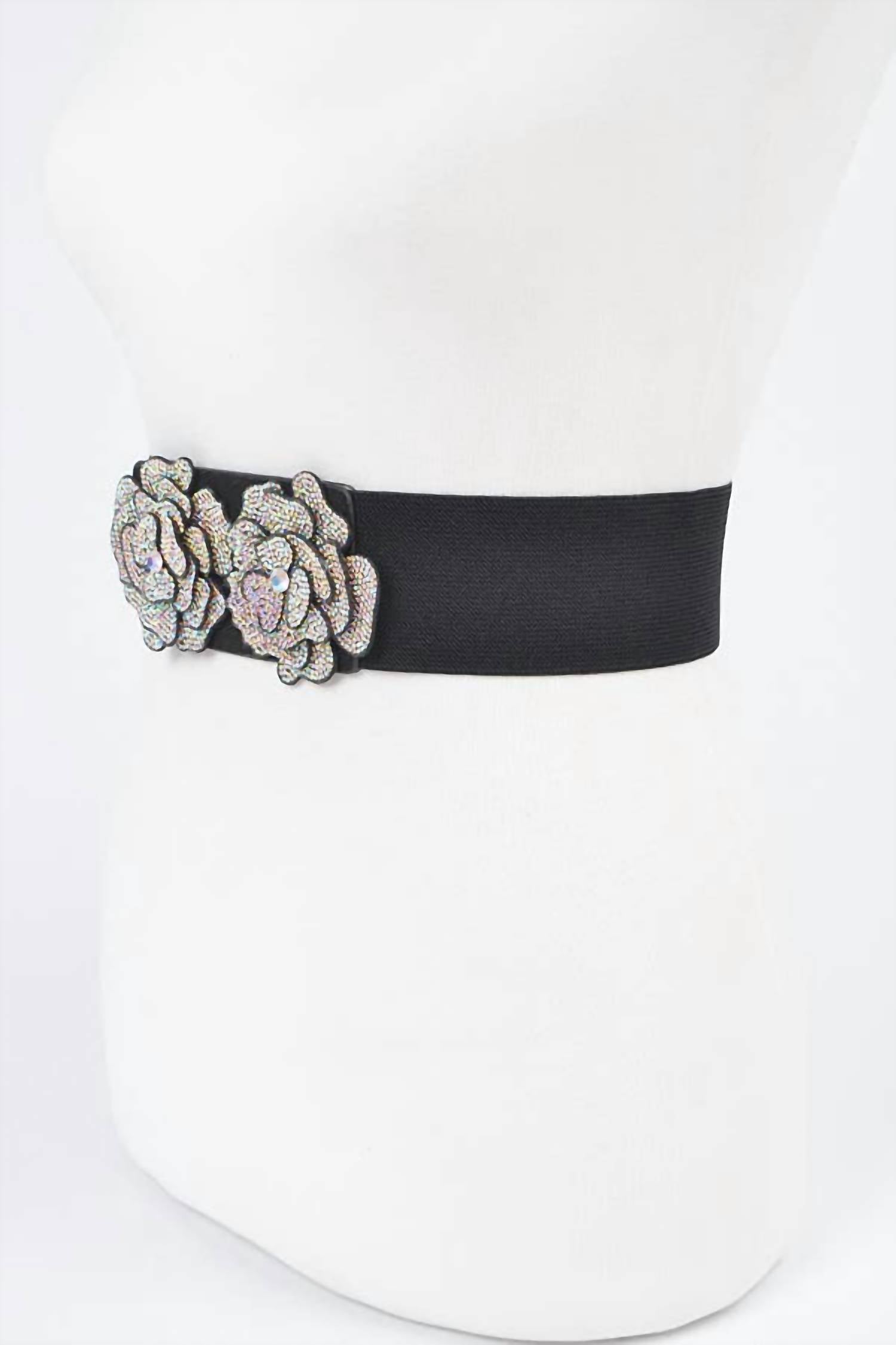 3Am By H&D Accessories - Women's Aurora Borealis Stone Flower Elastic Belt