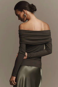 Reformation Florentina Off Shoulder Knit Shirt in olive - women's blouse - detail view