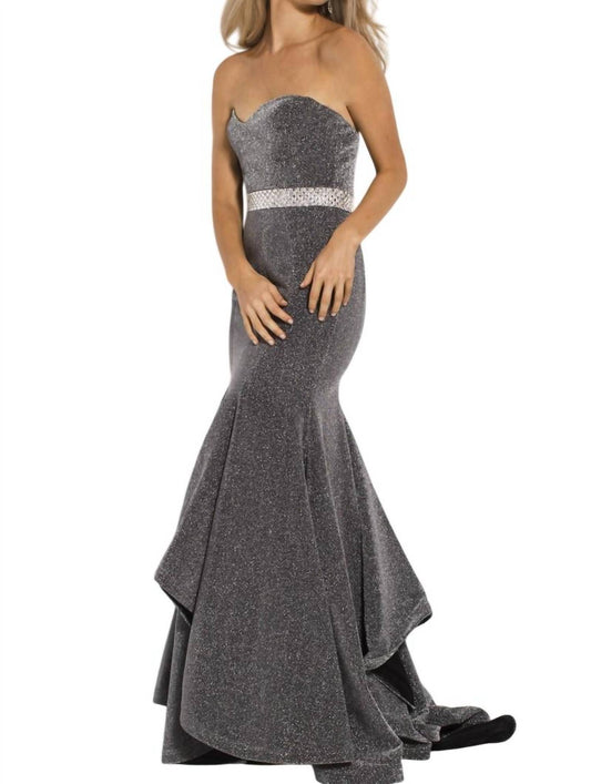 Jovani - Embellished Belt Strapless Mermaid Glitter Dress