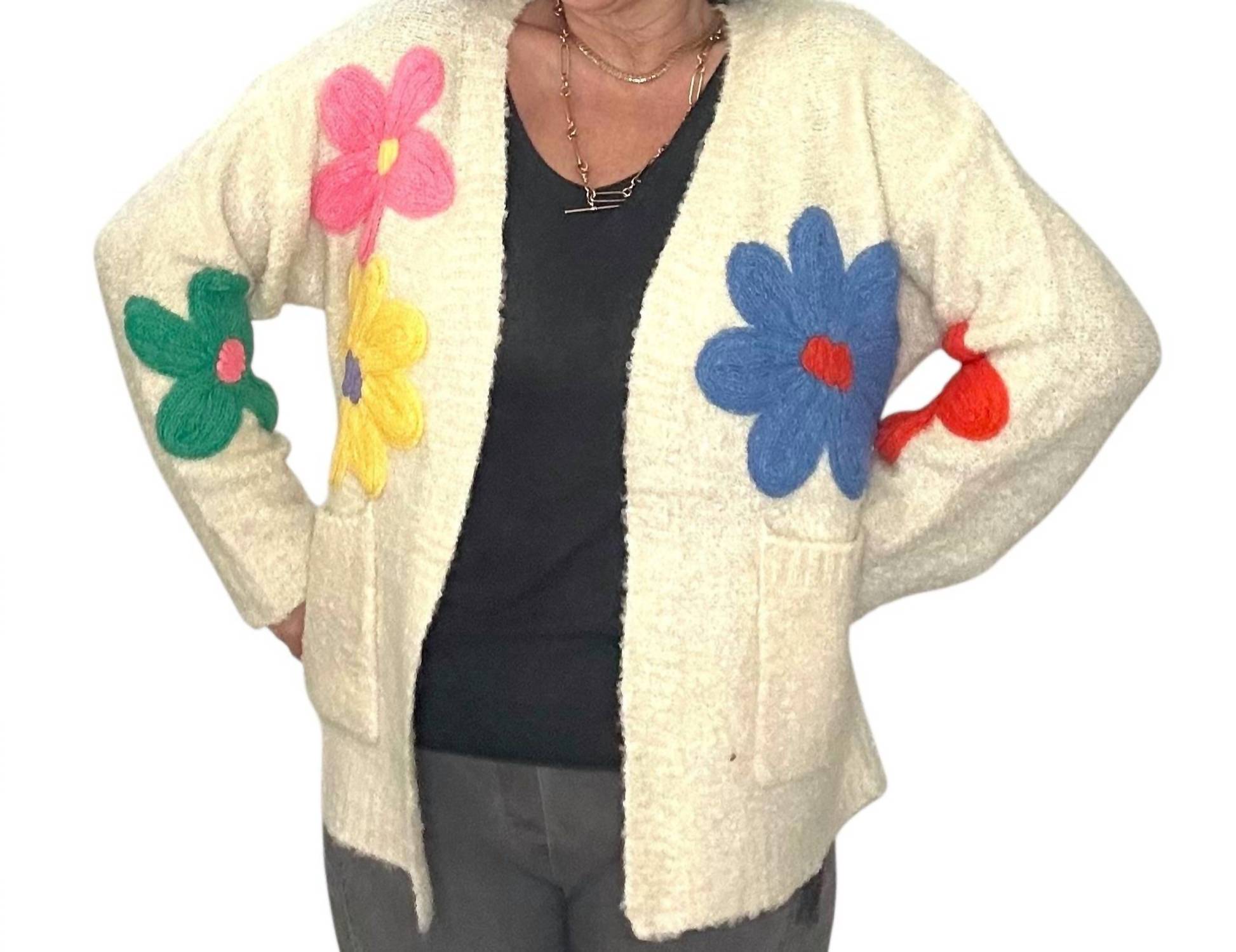 Made In Italy - Floral Applique Open Cardigan