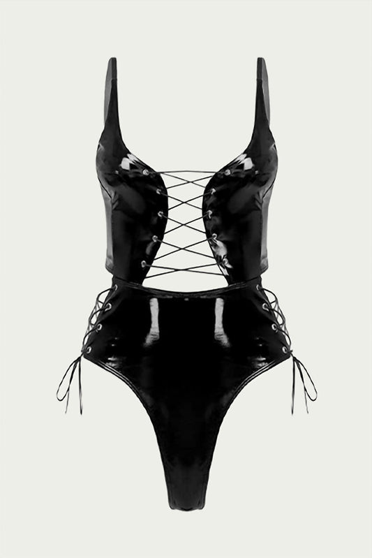 LACE-UP PATENT LEATHER THONG BODYSUIT