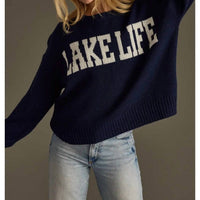 Panache Apparel Lake Life Graphic Sweater in navy - women's sweater - detail view