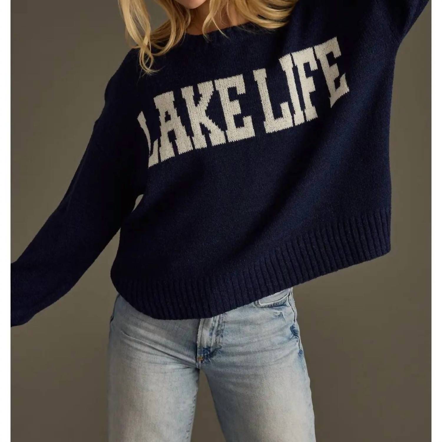 Panache Apparel Lake Life Graphic Sweater in navy - women's sweater - detail view