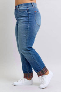 Judy Blue - Midrise Plaid Print Cuff Boyfriend Jeans - Plus