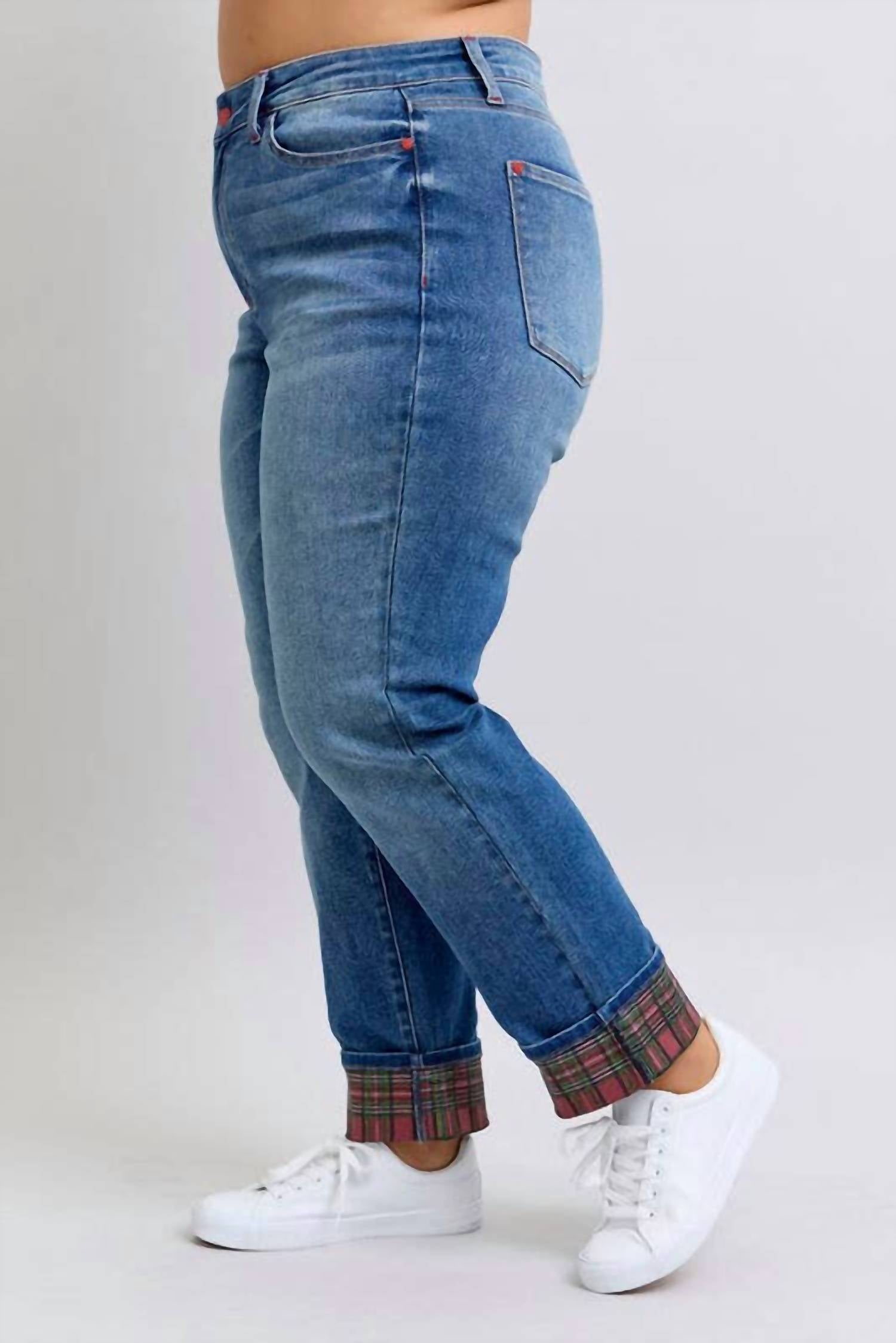 Judy Blue - Midrise Plaid Print Cuff Boyfriend Jeans - Plus